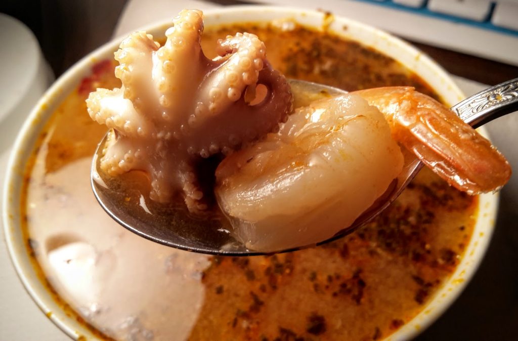octopus and prawn close up soup