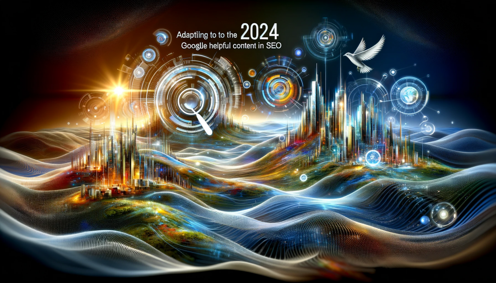 Futuristic digital landscape symbolizing the evolution of SEO strategies post-2024 Google Helpful Content Update, featuring digital waves and abstract representations of quality content and user engagement